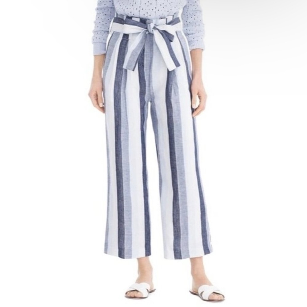 Jcrew Point Sur Paper Bag Stripped Linen Pants in Blue Ivory White‎ Style L2457